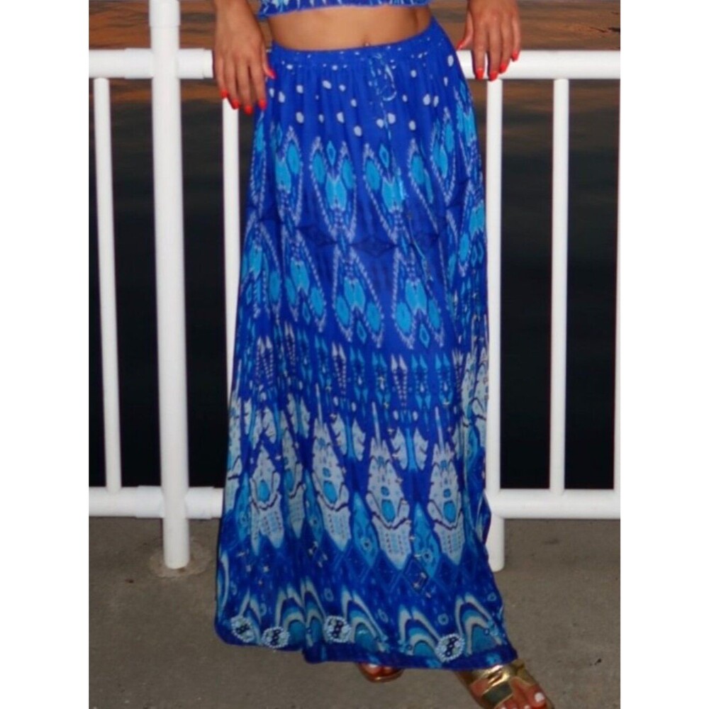 Zara Blue Ikat Beaded Boho Maxi Skirt Womens Small Embellished Festival Flowy